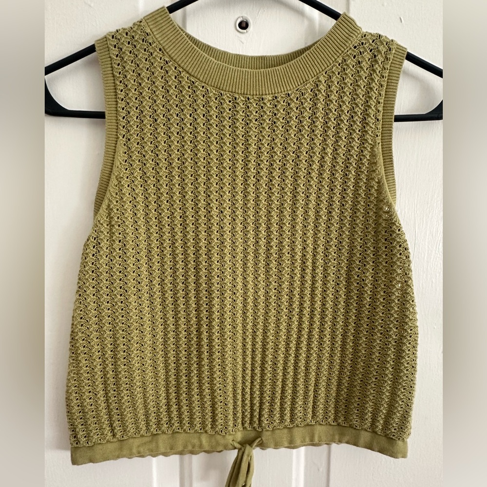 Olive Green Sleeveless Open Knit Cotton Tank Top